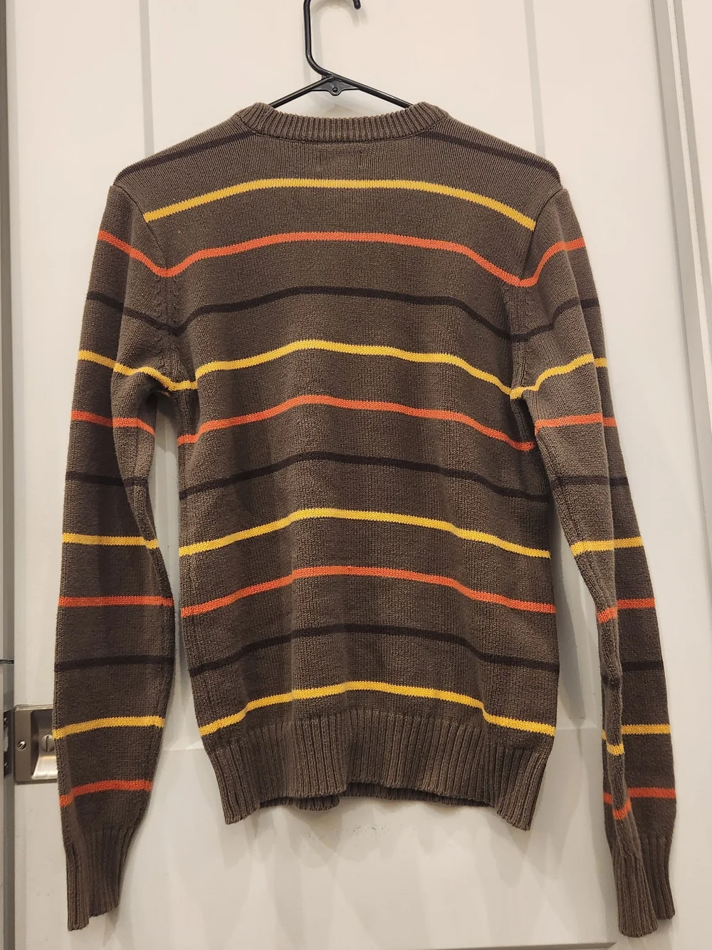 American Rag Brown Crewneck Sweater with Yellow & Orange Stripes